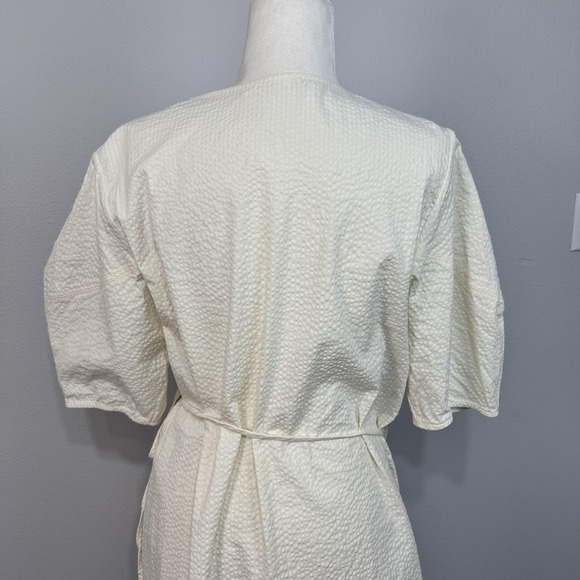 Everlane Dress Women's 10 Bone Seersucker Wrap V Neck Balloon Sleeve Mini - Picture 6 of 14